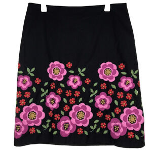 Sevier Skirts A-Line Skirt Above Knee Floral Embroidered Black Lined Size Large